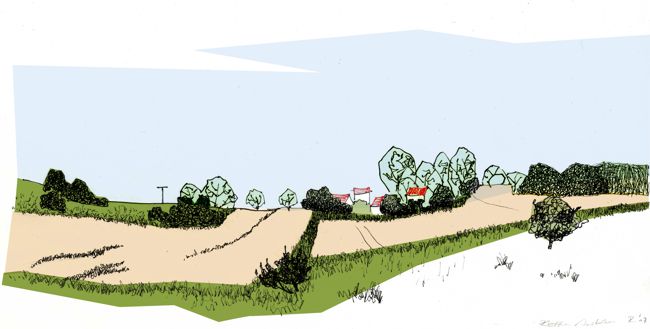 Skizze einer Landschaft in Brandenburg. Kolorierte Federzeichnung.