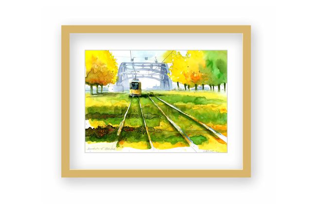 Aquarell Bornholmer Brücke gerahmt. Zur Anmutung