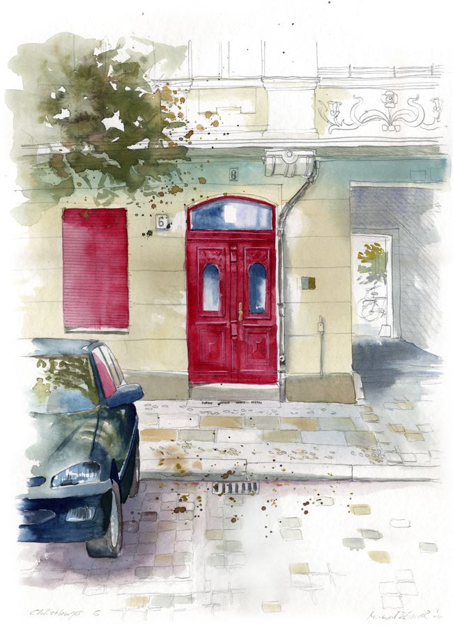Aquarell des Hauseingangs Christburger Strasse mit einer Rotbraunen Tür und herabgelassener Jalousie. Im Vordergrund ein parkendes Auto.