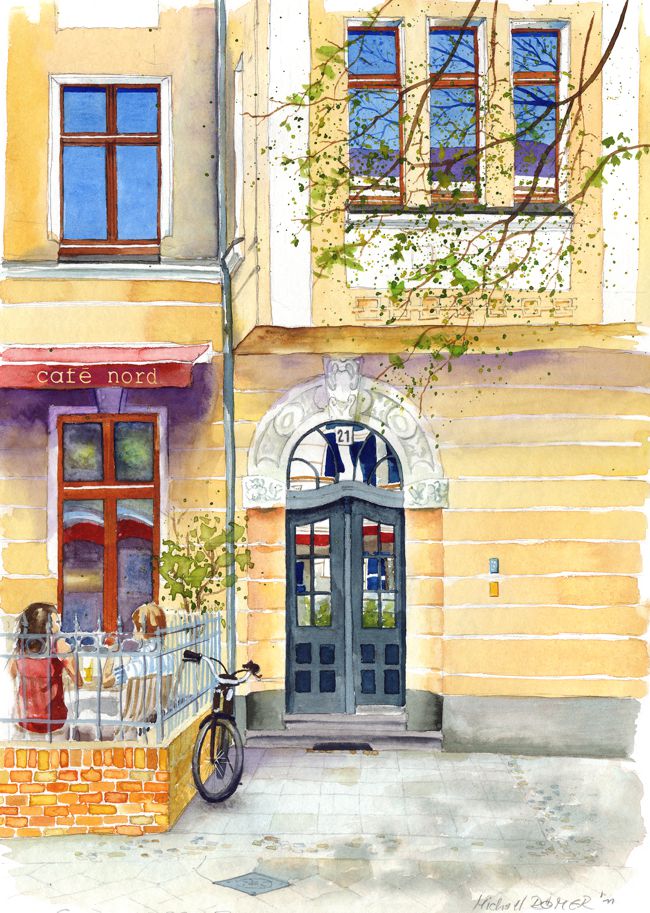 Aquarell des Hauseingangs der Grunowstraße. Links im Bild die Terasse des Cafe Nord