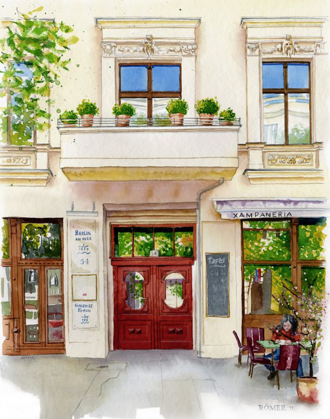 Aquarell Hauseingang in der Kollwitzstraße mit einem Cafe auf der rechten Seite und einem Balkon über der Tür