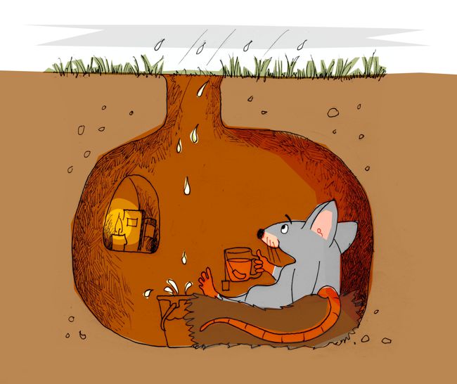 Kinderbuch. Das Bild zeigt eine Maus im Mauseloch. Draußen regnet es, die Maus hat es sich gemütlich gemacht und trinkt Tee.