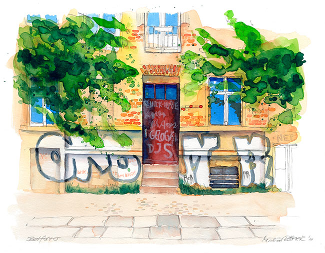 Artwork, Aquarell. Hauseingang Belforter Straße im Prenzlauerberg mit brauner Eingangsür und Graffits 