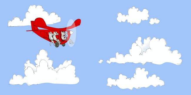 Kinderbuch Illustration. Mäuse fliegen in einem roten Flugzeug.