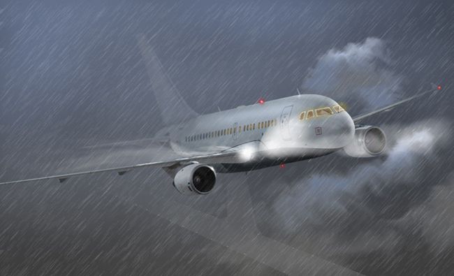 Flugzeug fliegt bei schlechtem Wetter. Illustration