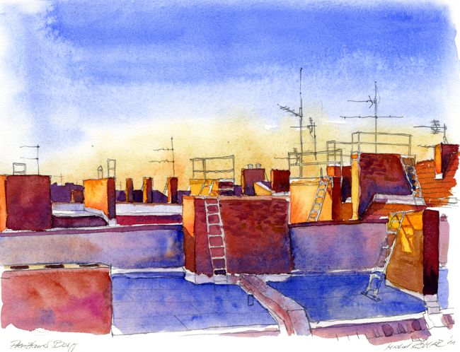 Aquarell. Blick über die Dächer des Prenzlauerberg im Licht der Abendsonne