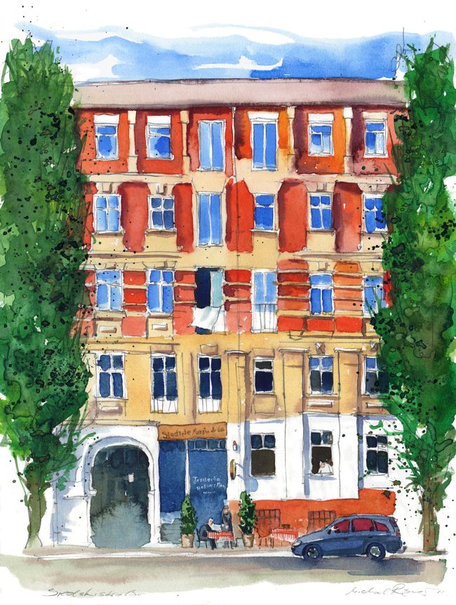 Aquarell zeigt die Klinkerfassade eines Altbaus in der Sredzkistraße im Prenzlauerberg. Das Haus wird zu beiden Seiten von Pappeln begrnzt. Im Erdgeschoss befindet sich  ein Resaurant.