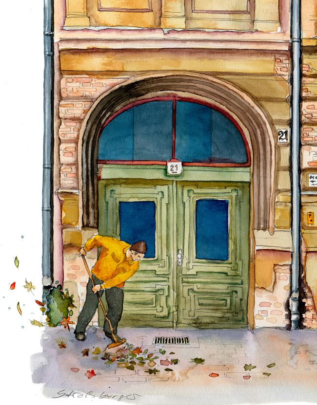 Das Aquarell zeigt die Tordurchfahrt eines Gründerzeithauses im Bezirk Prenzlauerberg. Es ist Herbst, ein Mann fegt Laub vom feuchten Gehweg.