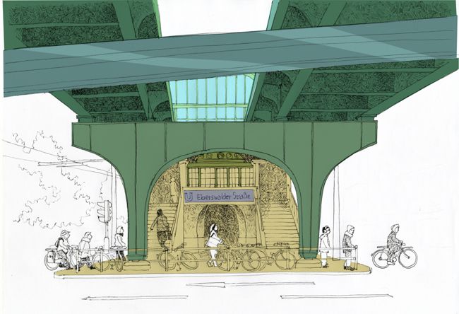 Berlin, U-Bahnhof Eberswalder Sraße. Fineliner, kolloriert