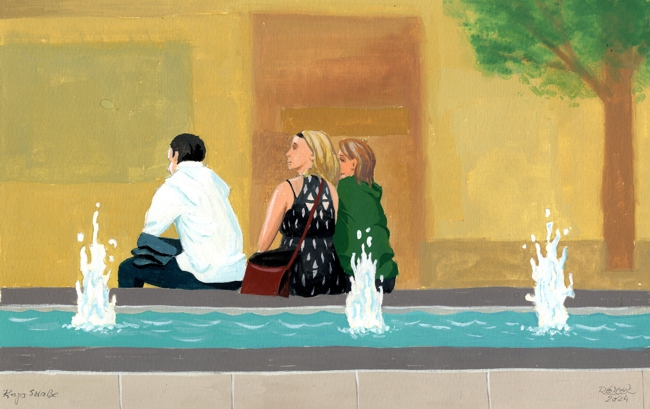 Dresden Prager Straße. Personen sitzen an einem Springbrunnen